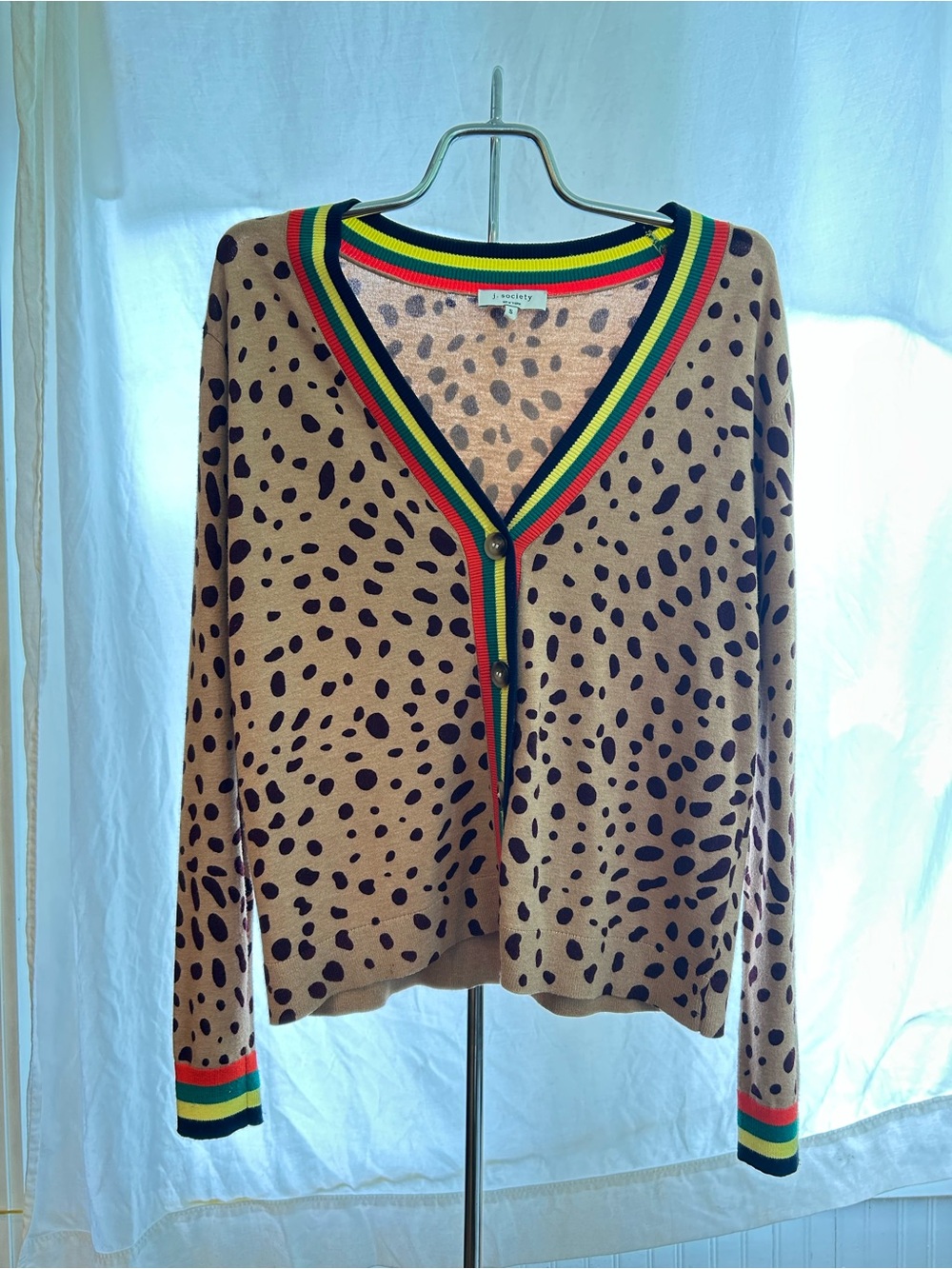 Polka Dot V-Neck Cardigan with Multicolor Stripe Trim - Tan/Black